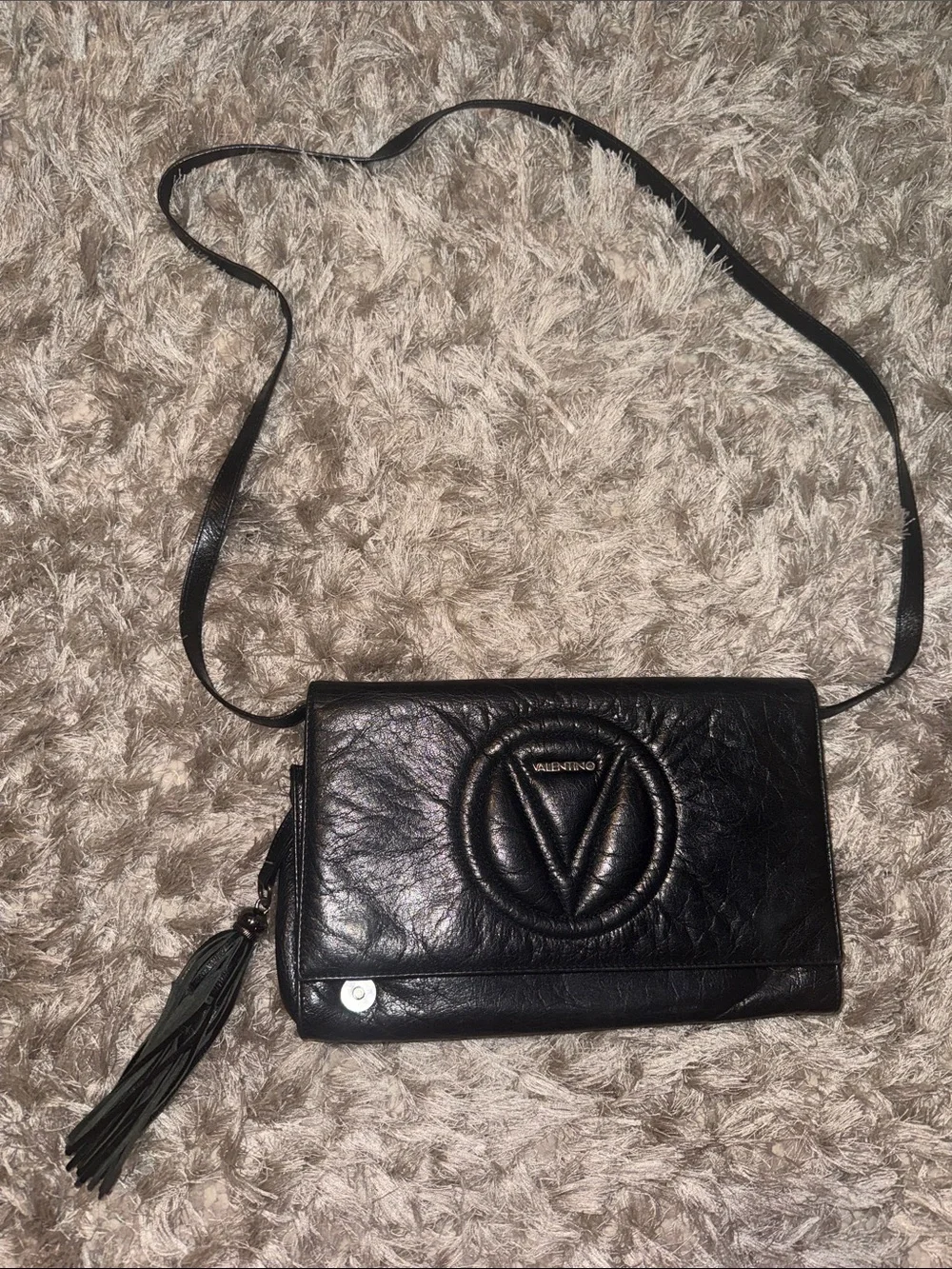 Valentino Black Leather Tassel Zip Wallet Clutch